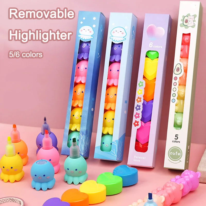 

5 Colors Octopus Bear Fluorescent Marker Pen Set Highlighter Pens Painting Highlight Cartoon modeling Fluorescent pen