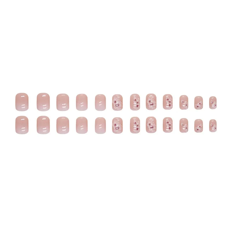 24 piezas de uñas cortas con diseño francés simple y degradado de flores, incluye pegamento de gel y lima 5