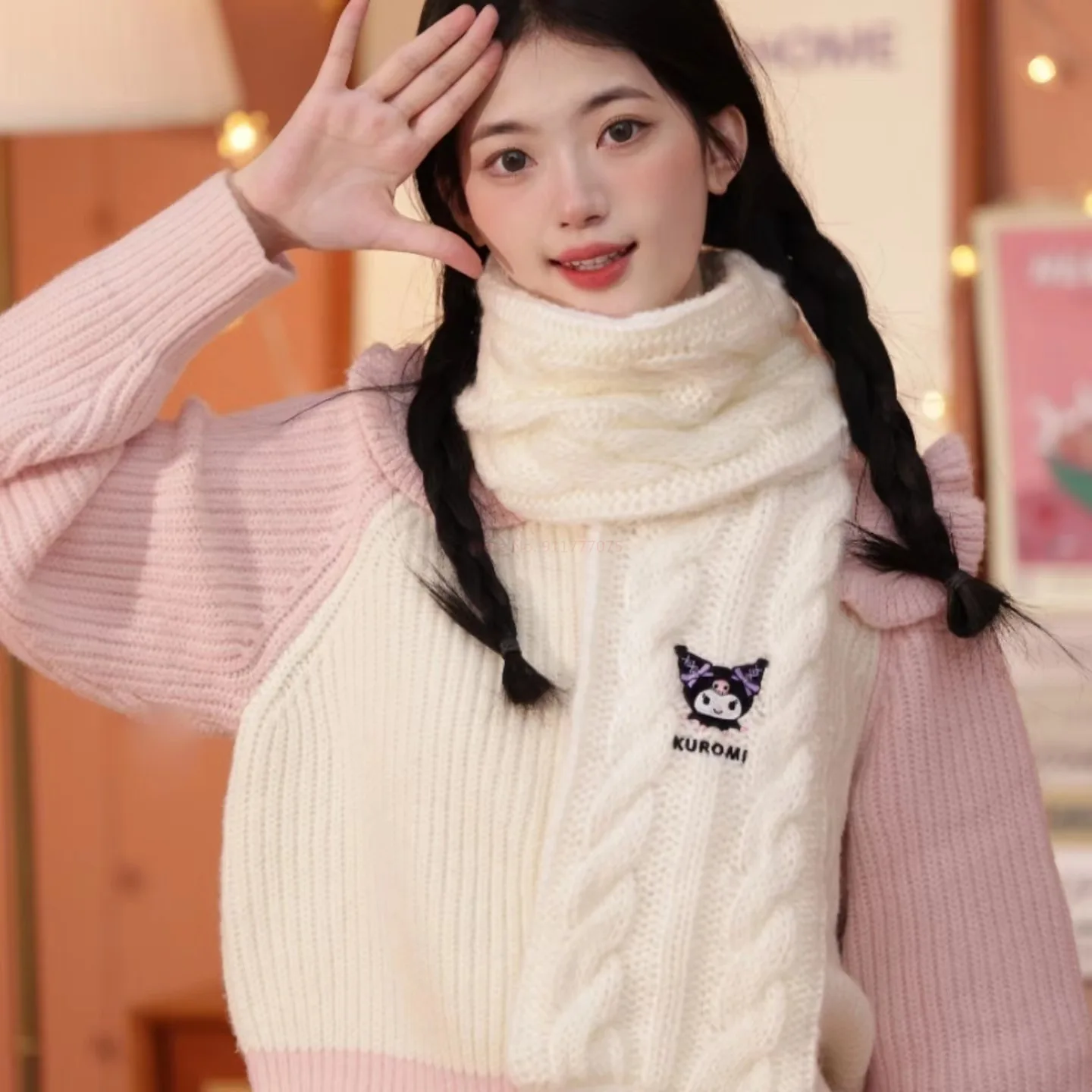 Sanrio Melody Kuromi Cartoon Knitted Scarf Cute Autumn Winter Warm Scarves Y2k Fashion Windproof Accessories Girl Birthday Gifts