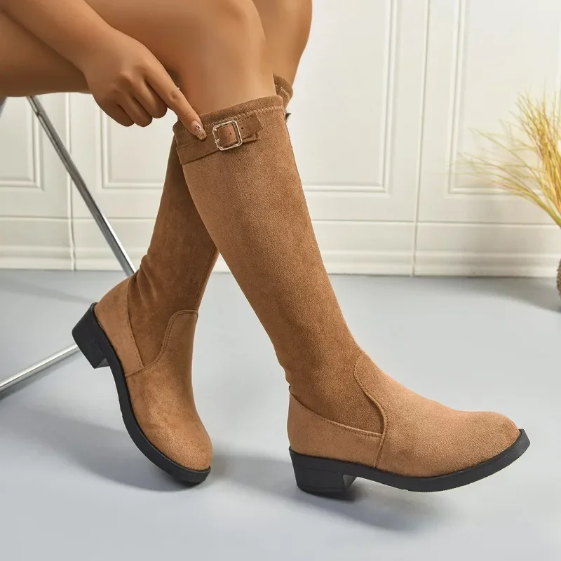 2025 женские сапоги до колена, новые зимние туфли без шнуровки на массивном каблуке, женские теплые однотонные длинные сапоги в стиле ретро, женские замшевые сапоги с круглым носком