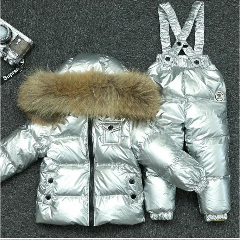 New Winter Thicker Children Down Jacket Overall Suit Big Real Fur Collar Kids Ski Suit Boys Girls Warm Jacket Silver