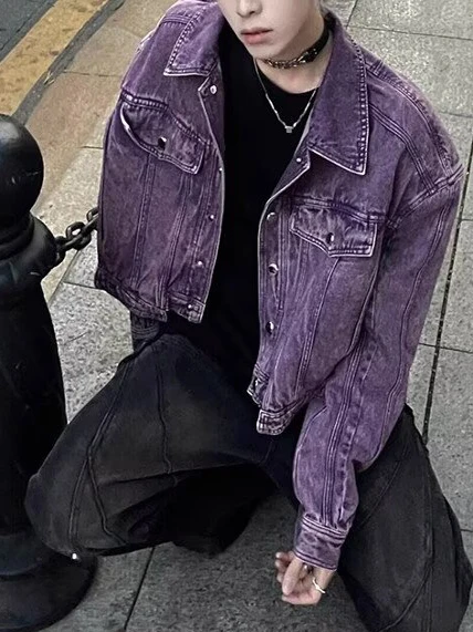 Trendy Street Motorcycle Jacket Purple Denim Short Washed Mismatched Spring Men's Outerwear Loose Fit Youth Fashion