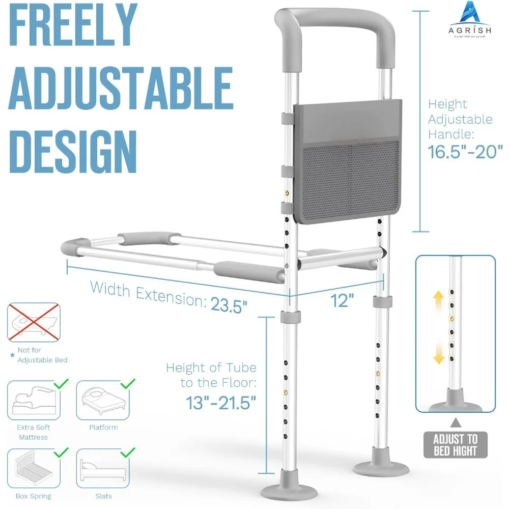 Adjustable Bed Safety Rails for Seniors with Storage Pouch, Support Legs for Elderly and Surgery Patients