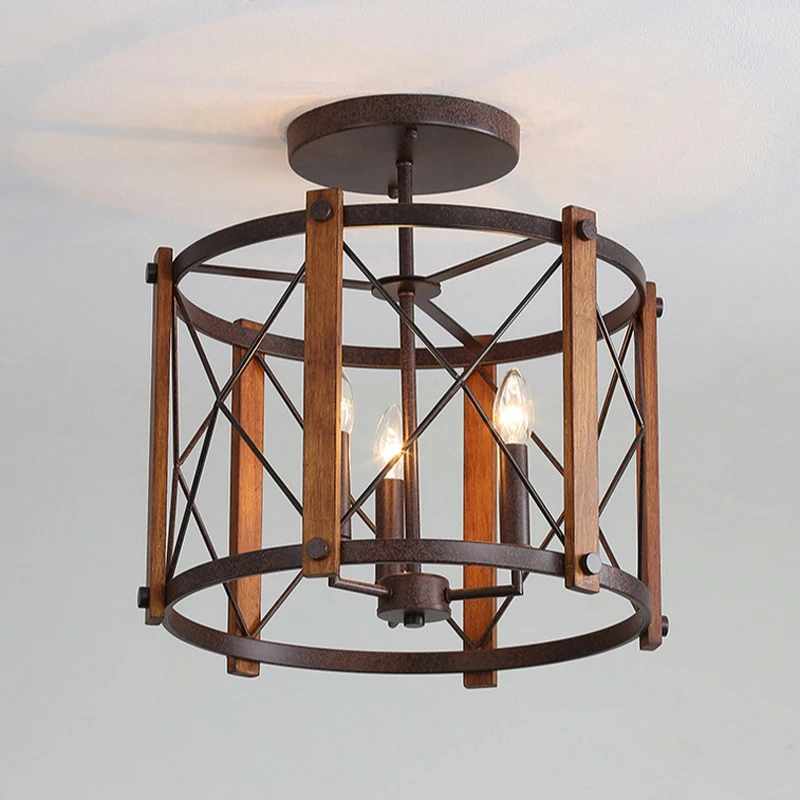 

Retro American Style Rural Wooden Ceiling Light Living Room Bedroom Foyer Corridor Iron Art Personalized Creative Ceiling Lamp