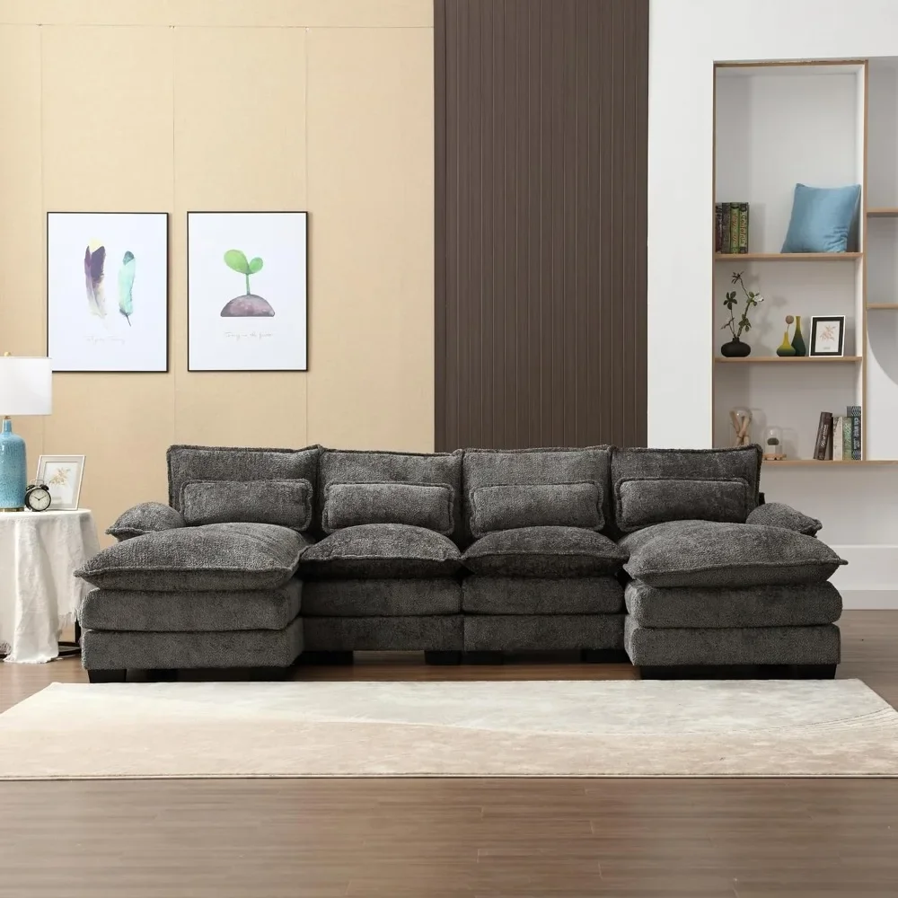 Convertible Sectional Sofa with Double Chaise & Cushions, 4 Seats, Large Sofas with Backrest, Convertible Sectional Sofa