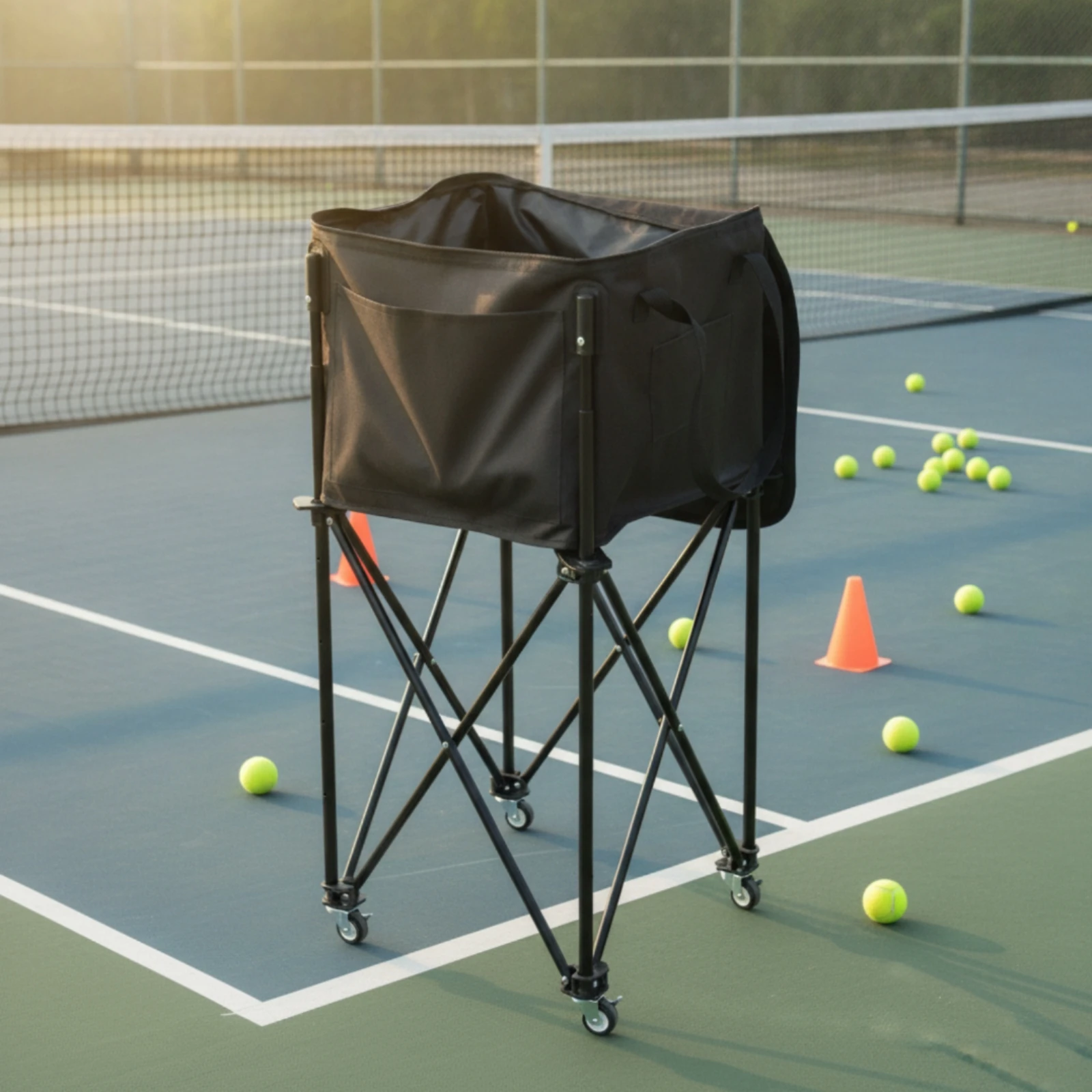 Foldable Tennis Ball Cart Caster Wheels Tennis Ball Cart Mesh Pocket Metal Frame for Training Sessions image 3
