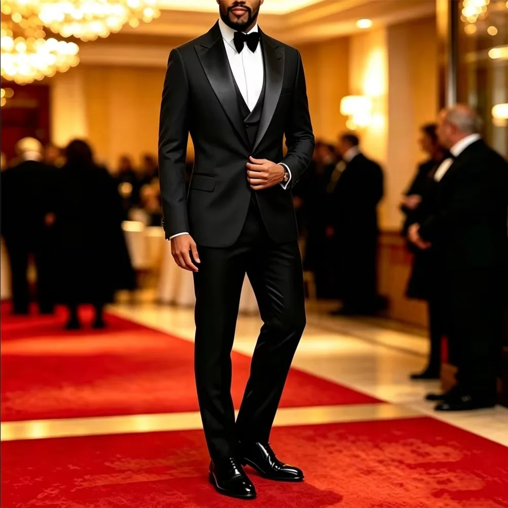 Men 3 Piece Tuxedo Suit,Satin Peak Lapel Single Button Slim Fit Black Formal Suit Set,Jacket+Vest+Pants for Wedding Groom suits