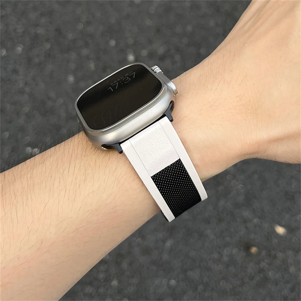 Luxury Breathable Leather Metal Band For Apple Watch 44mm 40 45 41 49 42 38 Magnetic Buckle For Ultra Series 9 8 SE 7 6 5 4 3