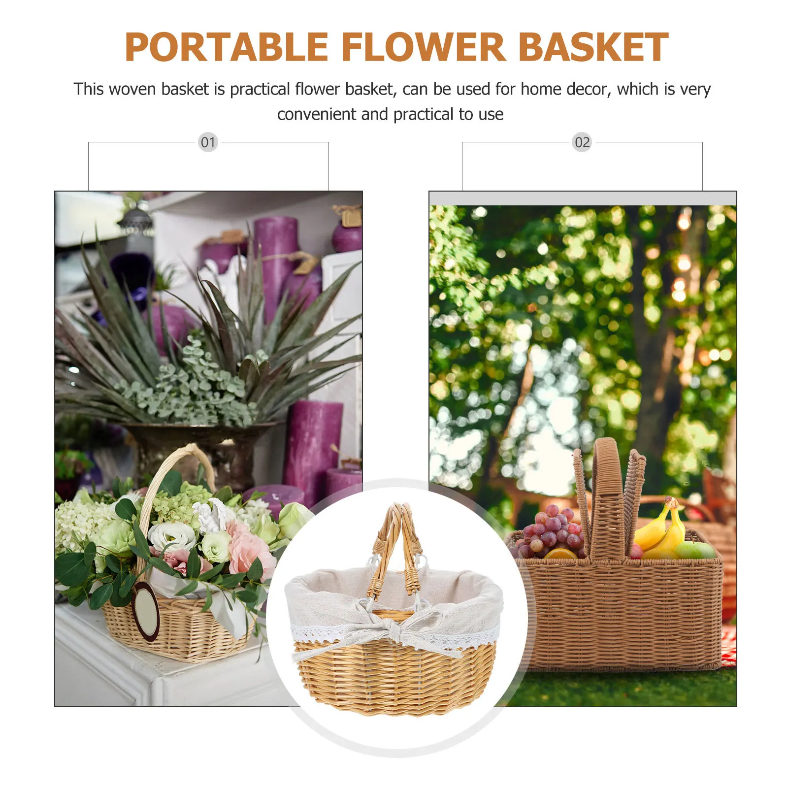 

1pc Woven Storage Basket Handheld Picnic Basket For Daily Supplies Flower Gift Fruit Organizer Wedding Camping Portable