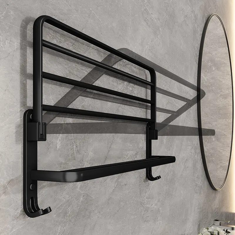 Preto fosco 50CM Folding Suporte Com Gancho Toalha Suporte Wall Mount AluminumTowel Rack