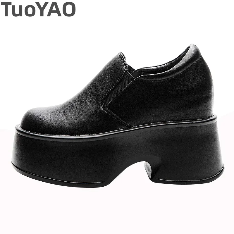 11cm Cow Genuine Leather Spring Autumn Lady Moccasins Platform Slip-On Wedge Chunky Pumps Casual High Brand Breathable Sneakers