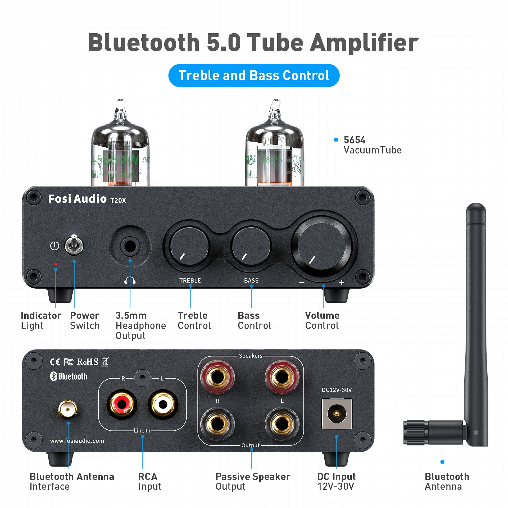 Fosi Audio T20X 100W Bluetooth Vacuum Tube Amplifier Stereo Power Amp TPA3221 Headphone Amplifier For Home Theater Speakers