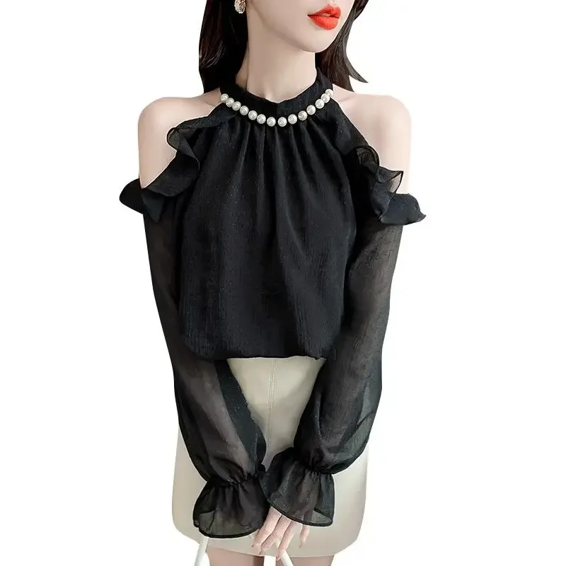 Bluzka damska z falbankami z francuskiego szyfonu, wiosenna, pikantna, z odkrytymi ramionami, typu halter, unikatowa.