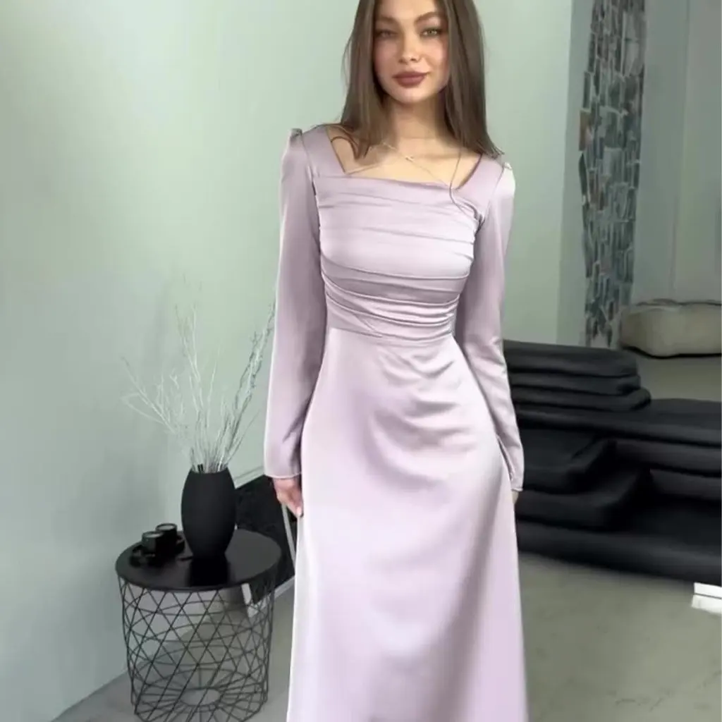 Spring Women's Slim Fit Satin Dress with Diamond Straps Long Sleeve Elegant Fashionable Women's Clothing