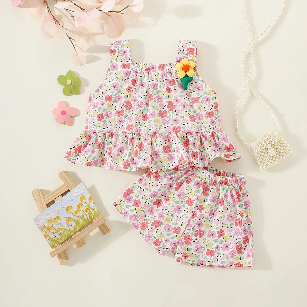 Summer New Baby Girl Floral Two-Piece Set Sweet And Cute Children'S Sleeveless Clothes (9 Months -3 Years Old)