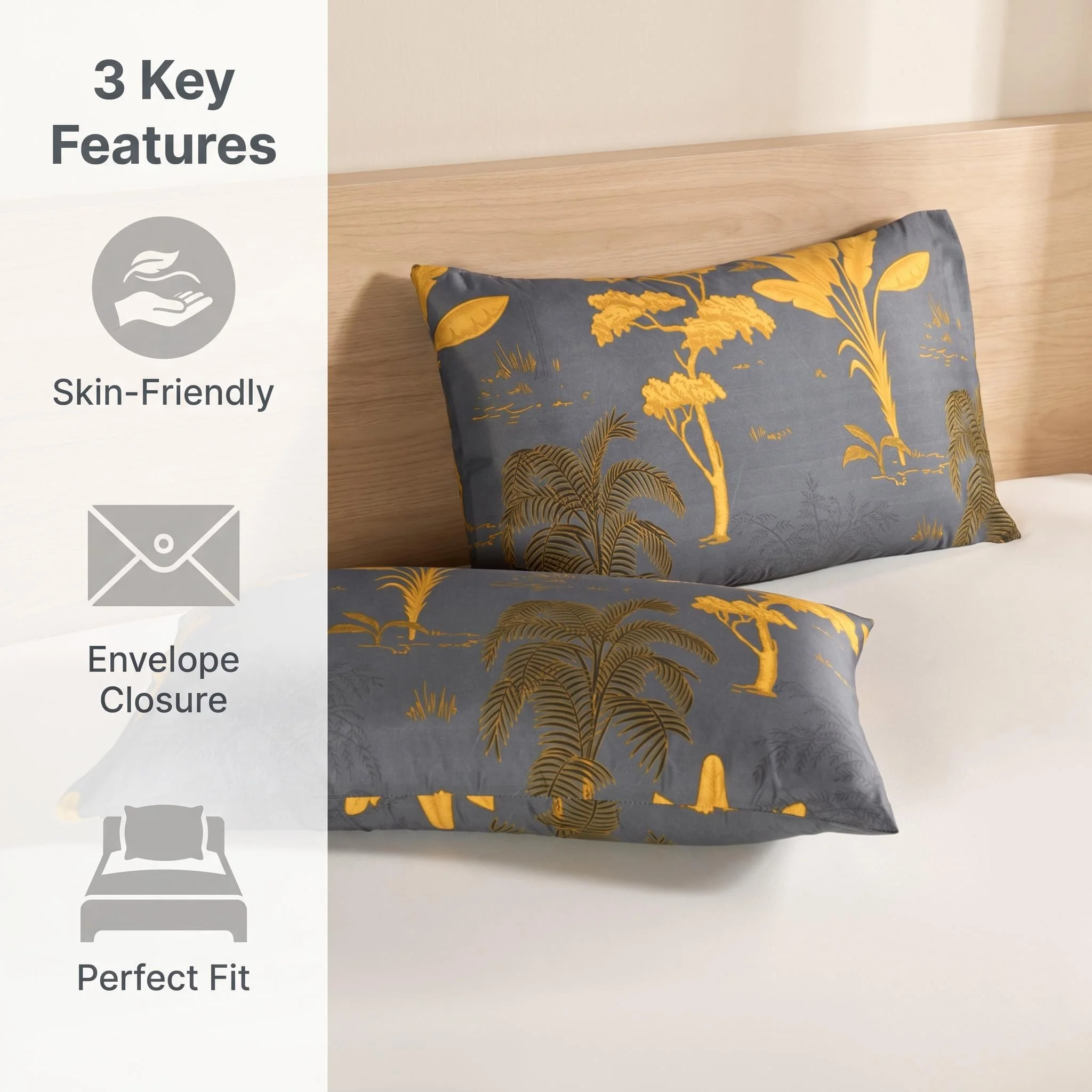 2PC Luxury Gold Leaf Plant Print Pillowcases Set Vintage Style Machine Washable for Home Dormitory Versatile All-Season Bedding