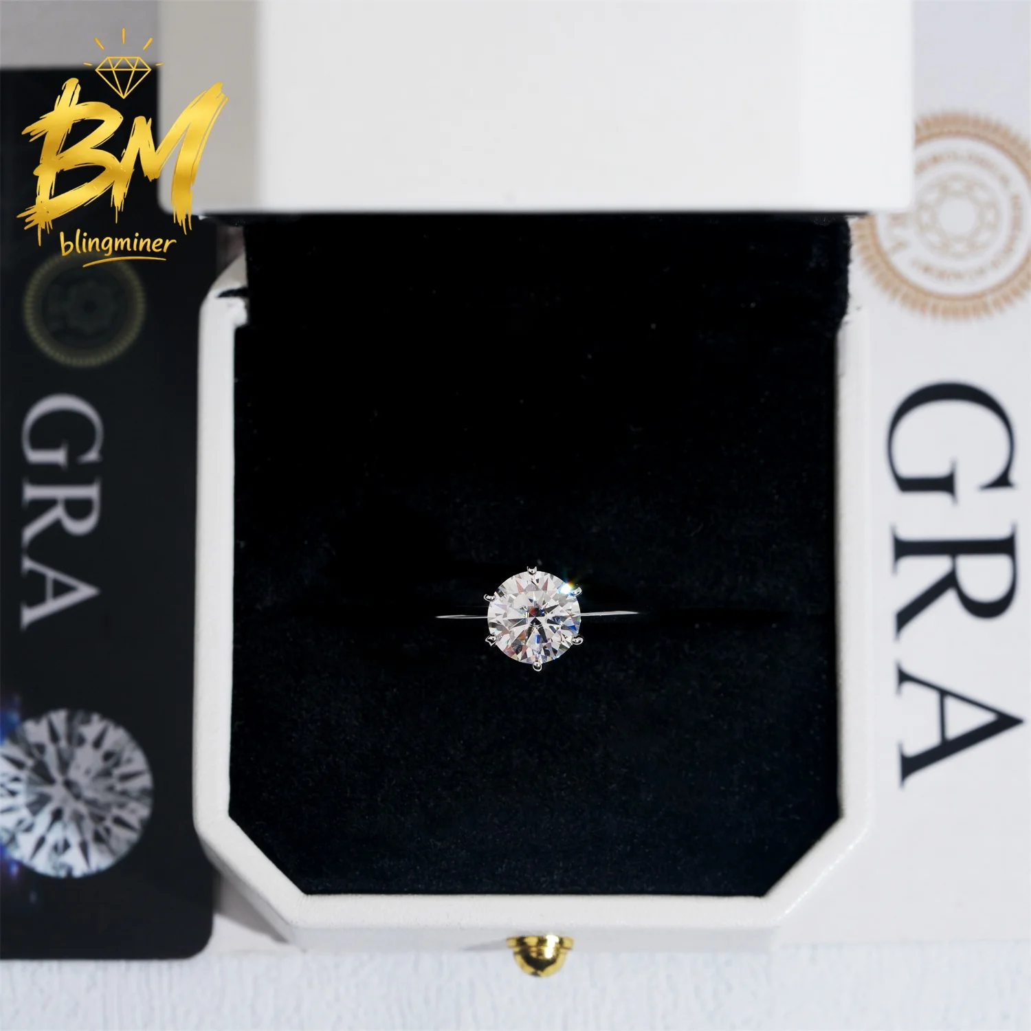 Blingminer 6 Prong Set 2ct Ruond S925 Silver VVS Moissanite Rings Engagement Wedding Women Finger Jewelry Pass Diamonds GRA