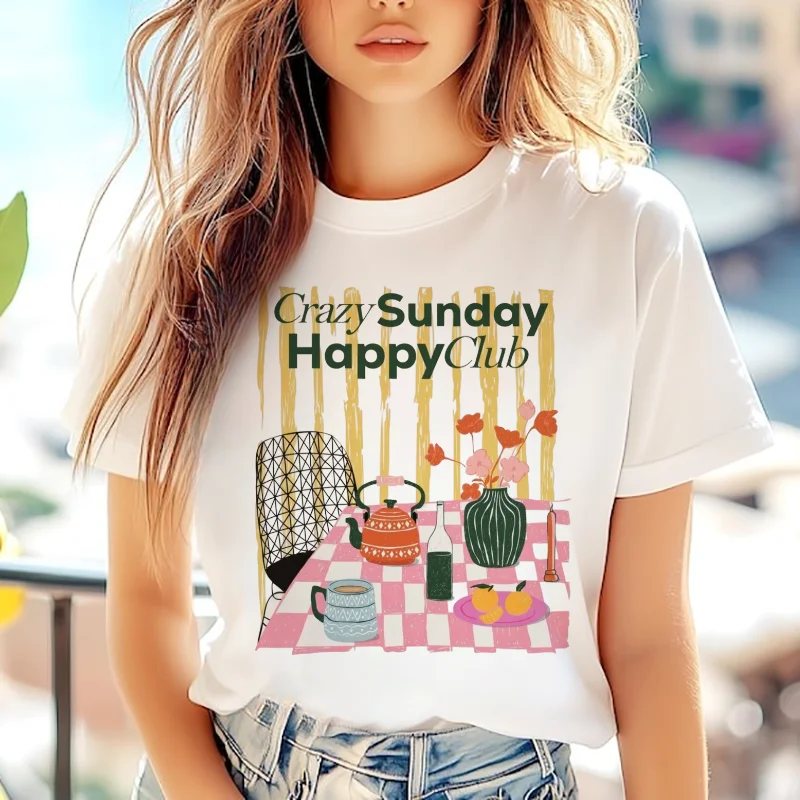 

Crazy Sunday Happy Club Pattern Harajuku Printed Top Women's T-Shirt Vacation Round Neck Style Women's Short Sleeved White T-Shi