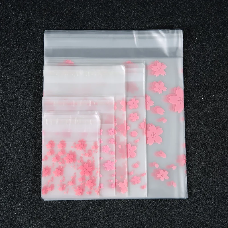 200pcs/lotTransparent Cherry Blossom Candy Cookies Packaging Self-Adhesive Bags, Gift Bags, White Dots Design, Bakery Supplies “