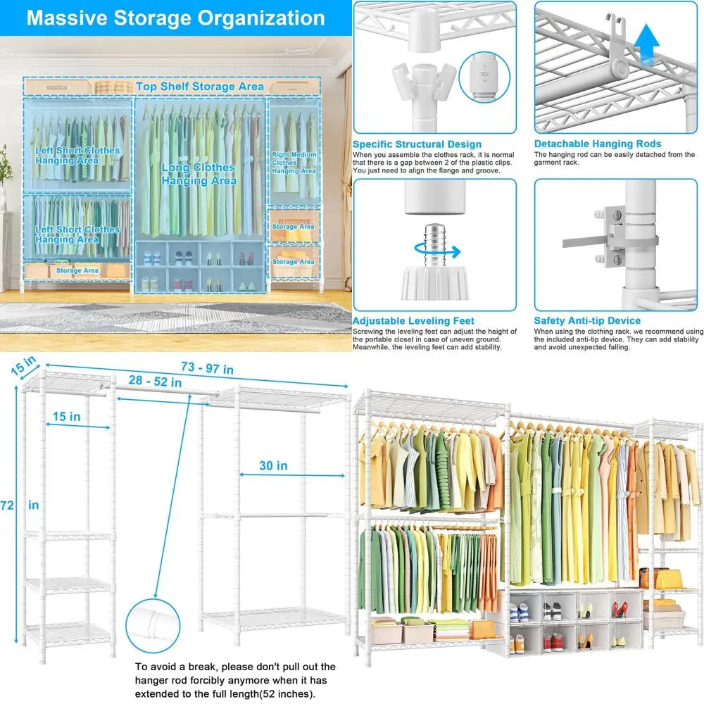 

Регулируемая портативная вешалка для одежды, 73-97 дюймов (длина) x 15 дюймов (глубина) x 72 дюйма (высота), белая, выдерживает до 800 фунтов.