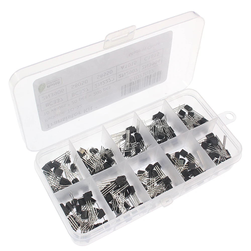 

200Pcs Transistor Kit BC337 BC327 2N2222 2N2907 2N3904 2N3906 S8050 S8550 A1015 C1815 PNP/NPN 10 Values TO-92 Transistors Set