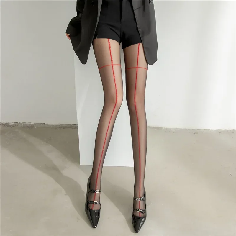 Women Sexy Red Cross Shrimp Silk Stockings Ultra-thin Anti-hook Silk Pantyhose Women's Legs Black Silk Vertical Bottom Socks New