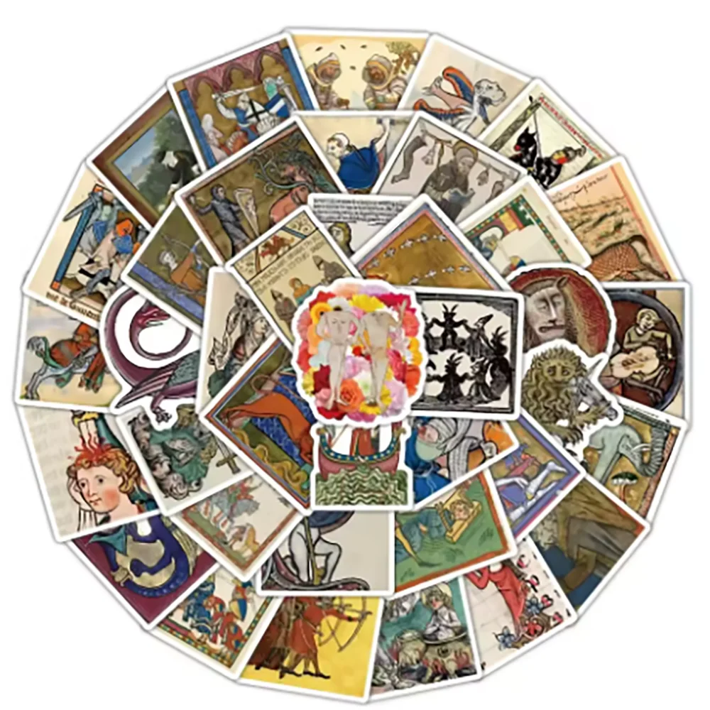 50pcs Cartoon Medieval Art Poster Graffiti Sticker PVC Material Creative DIY Phone And Refrigerator Scrapbook Waterproof Sticker
