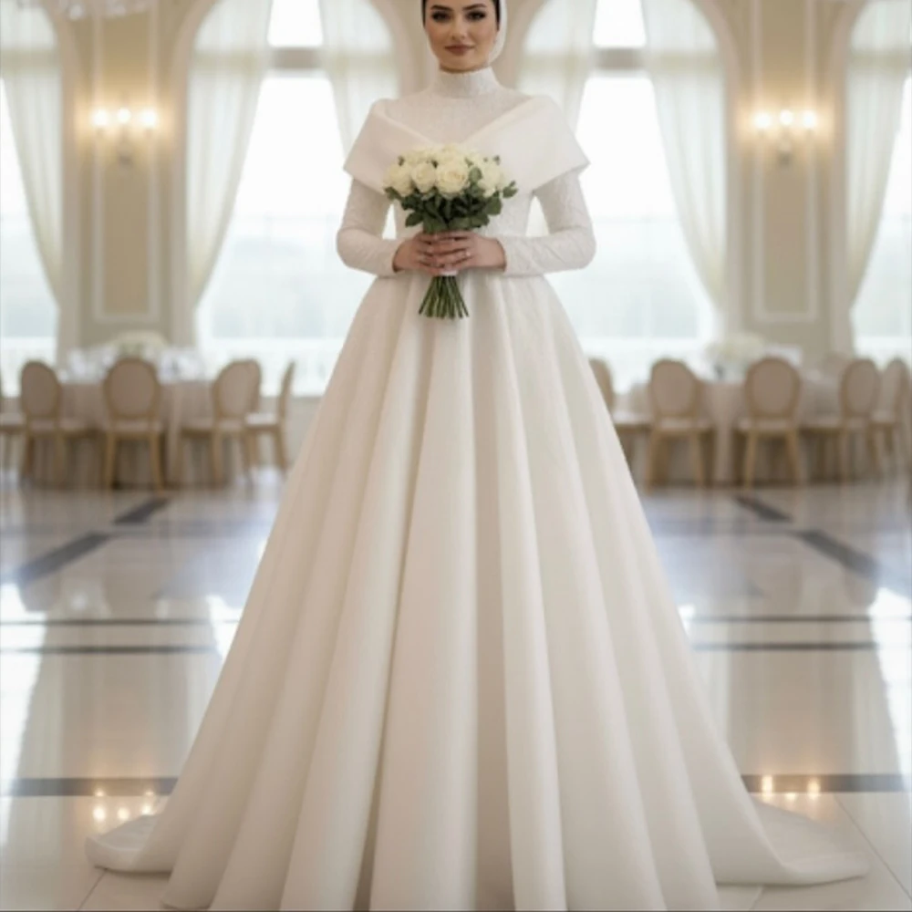 

Modest Arabic Wedding Dress High Neck Long Sleeve Bride Dress A-Line Bridal Gown Muslim Bridal Gown Customized vestidos de novia
