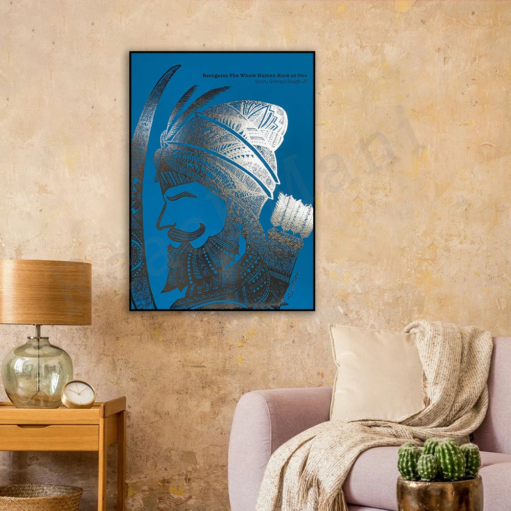 Guru Nanak Singh Sikh, Tenth Guru Wall Art Poster Silver Leaf, Sky Blue Original Portrait Artwork