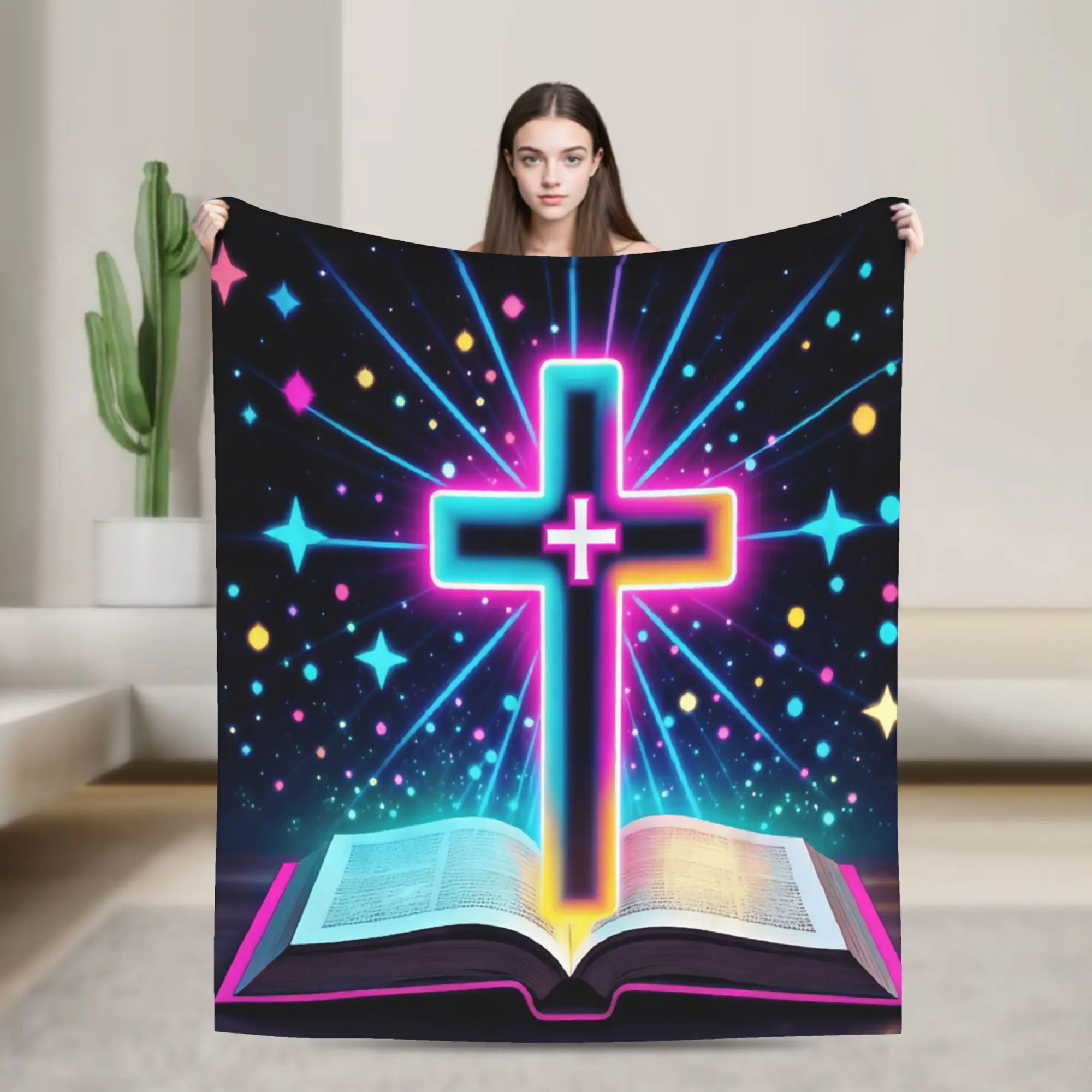 Neon Glow Cross Open Bible Colorful Star Burst Christian Graphic Blankets Adults Girls  Flannel Bedding Throws Soft Bedspread