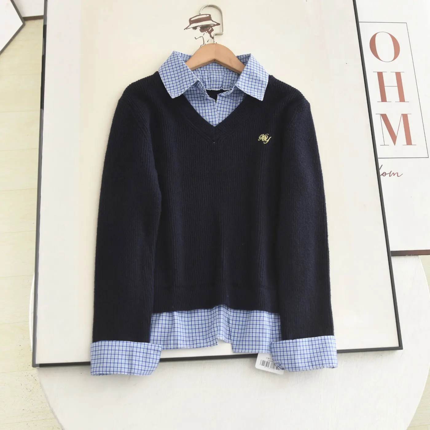 

Miu Sle College Faion Plaid Collar Slim Fit Knit Sweater Autumn Winter Patchwork Fake Two-Piece Long Sve Women's Top