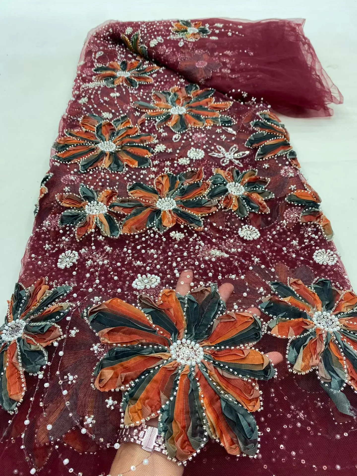 

2025 Premiu Nigerian Lace Fabric( 5Yards) - Luxury Embroidered Guipure Tulle with Sequins for Wedding/Bridal Gowns,African Desig