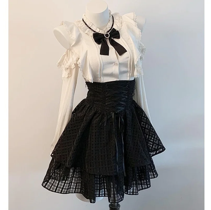 

SOIOMES Design Gothic Subculture Lace Border Long Sleeved Shirt Summer A-line Skirt Set