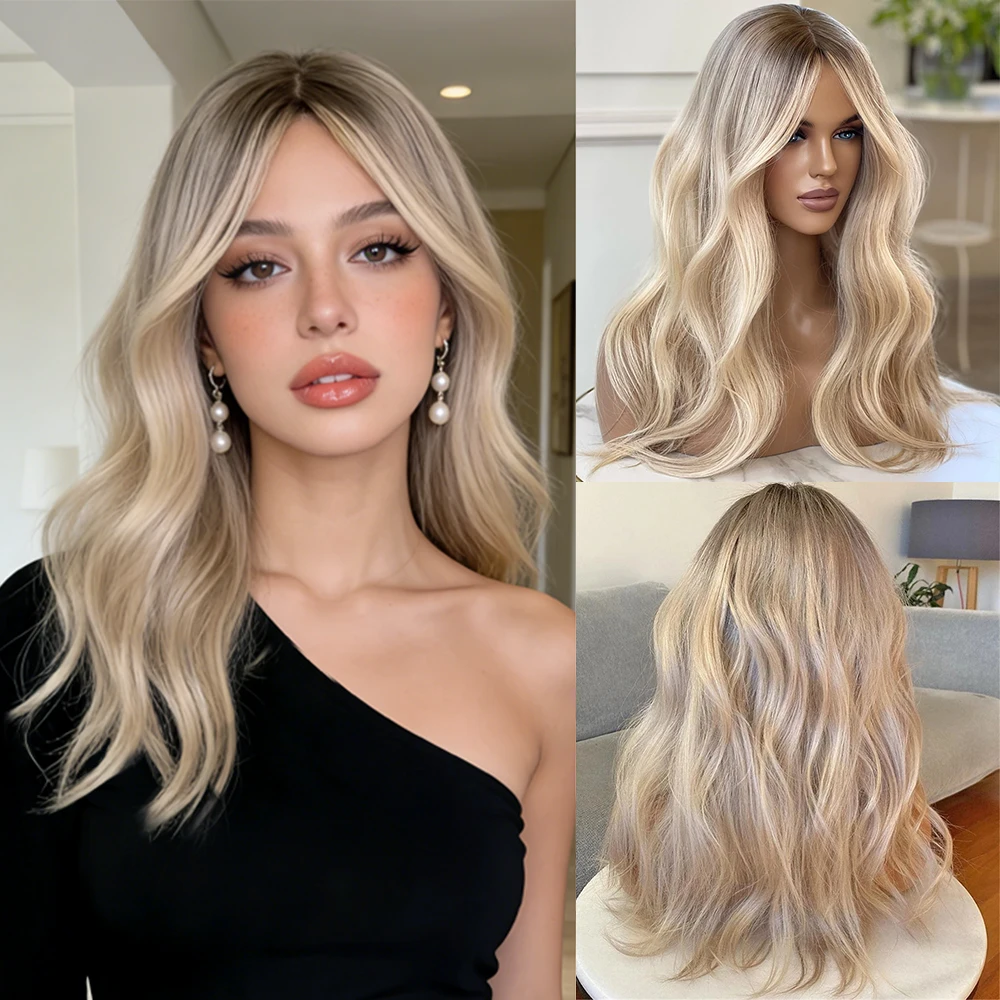 Light Ashy Blonde Wavy Synthetic Lace Front Wig Highlights Glueless Realistic Look Wig Heat Friendly Fibre for Women Wear&Go