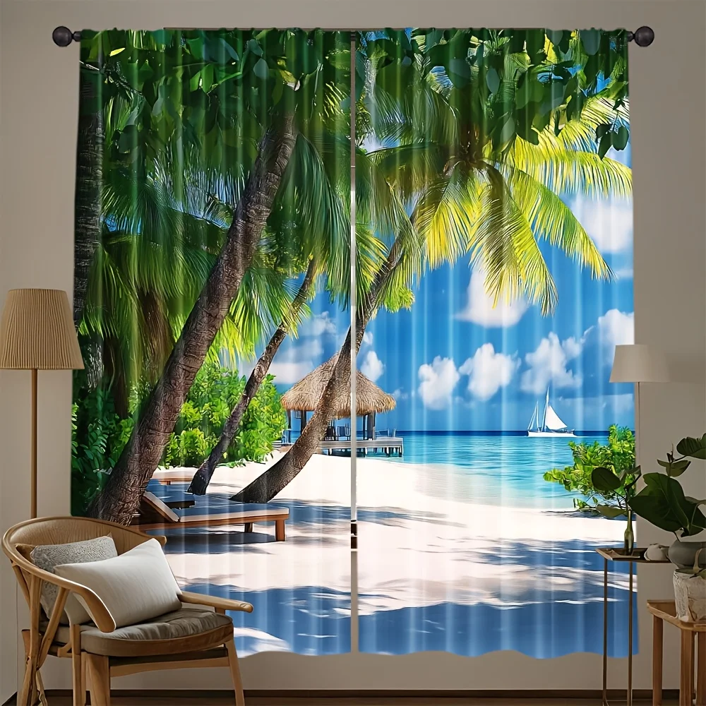 2pcs Tropical Beach Curtains Palm Tree Ocean Scenery Print Polyester Window Drapes for Living Room Bedroom Vacation Decor