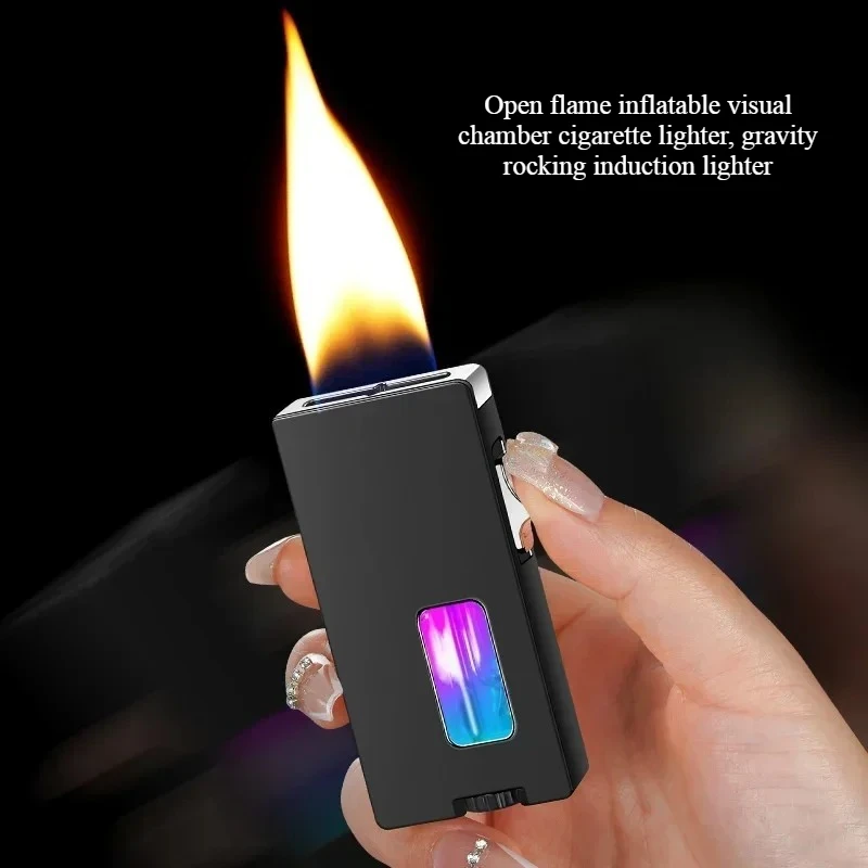 New Butane Gas Metal Open Flame Lighter LED Visible Window Sensing Vibration Ignition Electric Lighter Smoking Men's Gift