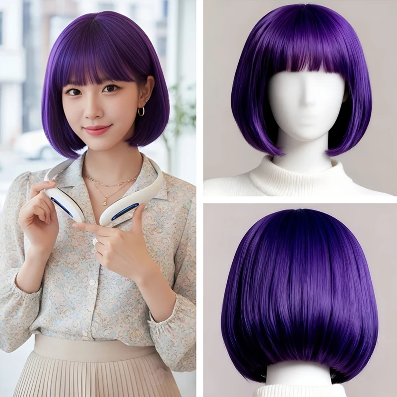 12-inch women’s synthetic vibrant deep purple short bob wig, suitable for anime cosplay