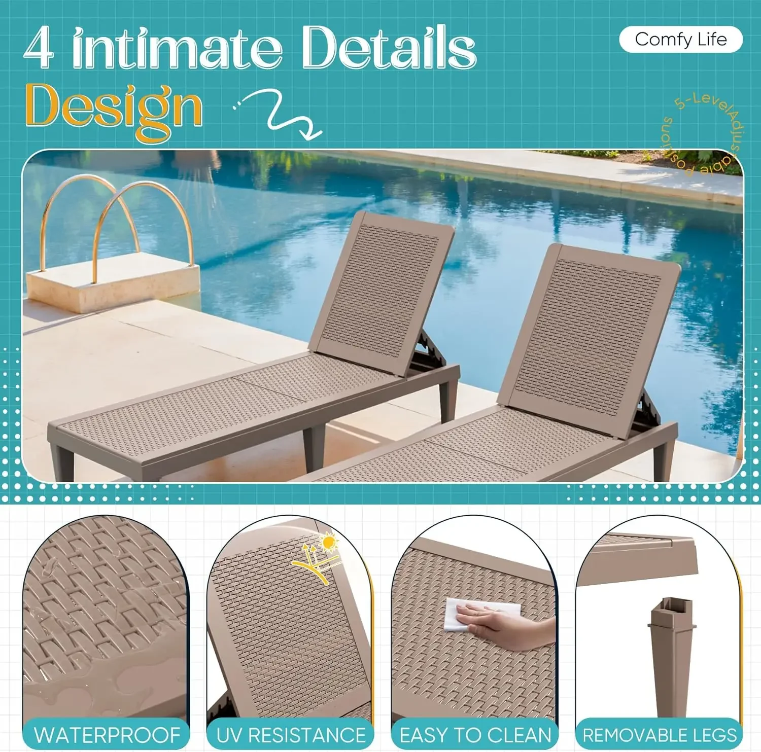 [سعر مخفض! ]طقم كراسي استرخاء خارجية مكونة من قطعتين مع مسند ظهر قابل للتعديل مكون من 5 أوضاع، وكراسي استلقاء للتشمس PP مقاومة للماء