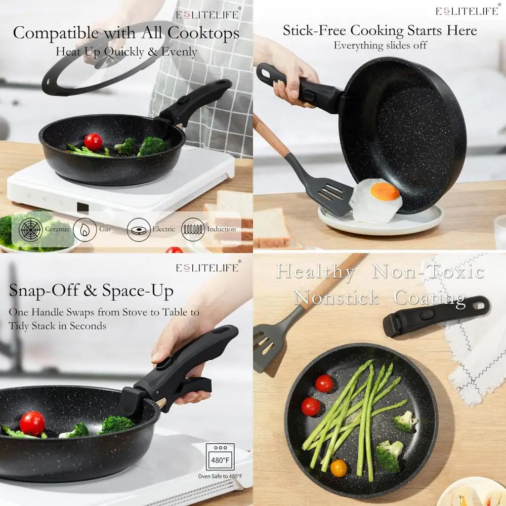 

7-Piece Nonstick Ceramic Cookware Set with Detachable Handles and Lids, Suitable for All Stovetops, PTFE & PFOA Free, Black