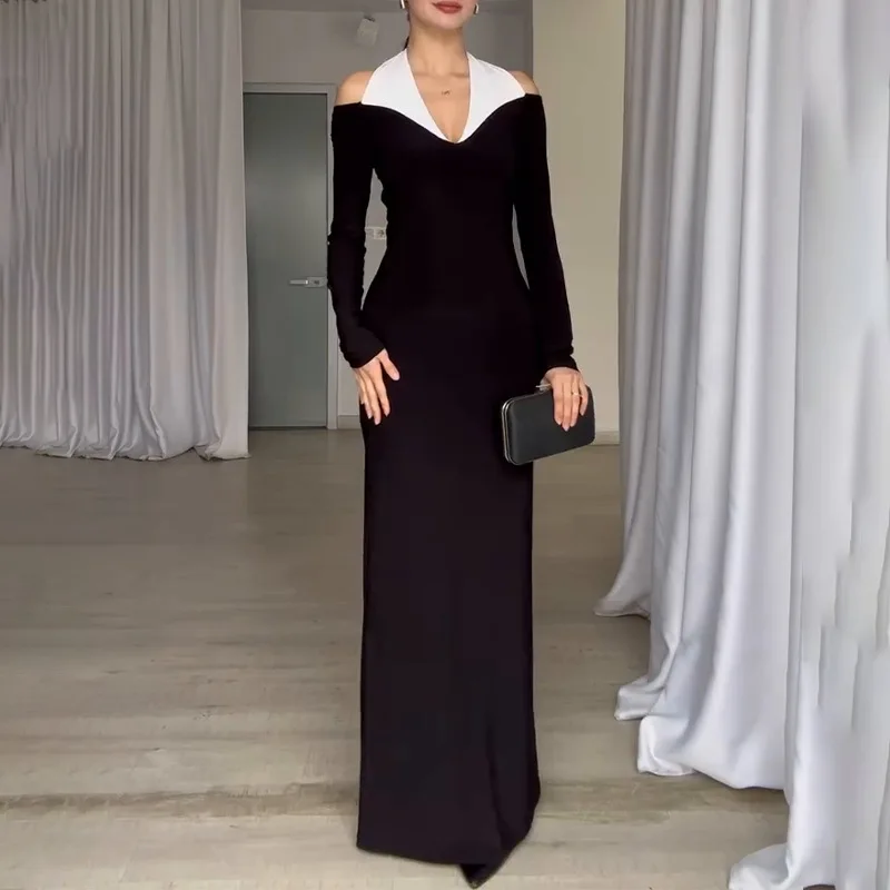 

Элегантное вечернее платье для подиума, сексуальное длинное платье с длинными рукавами, весеннее женское черное плиссированное платье с v-образным вырезом, тонкое платье