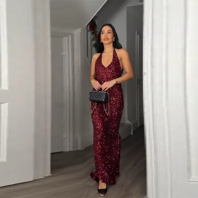 Glitter brilhante grânulo pendurado pescoço vestido sexy ver através sem mangas sem costas 2025 novos vestidos de noite femininos festa clube robes