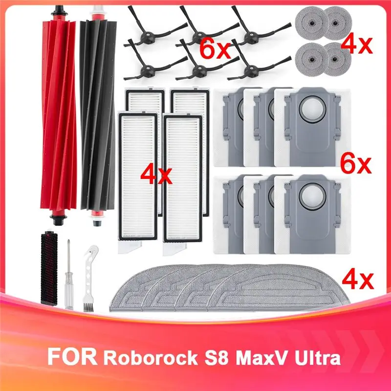 A93E-Accessories Kit For Roborock S8 Maxv Ultra Robot Vacuum,Main Brushes,Dust Bags, Mop Cloths, Filters,Side Brushes