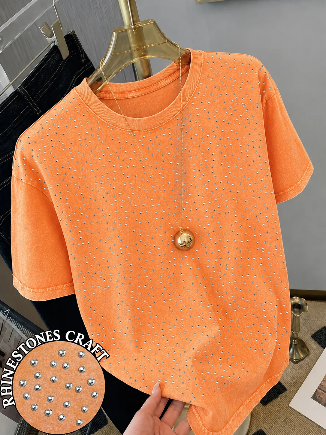 Rhinestone Craft Solid Family Washed T-Shirt Women Summer Oversized Tops Cotton Hip Hop Streetwear Breathable O-Neck T Shirt