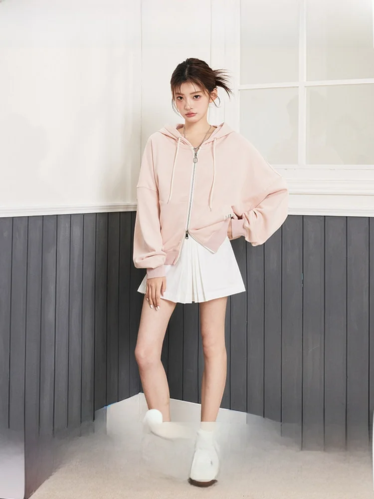 

Оригинальная корейская свободная толстовка Iceeyy для женщин, розовая, на молнии, с длинными рукавами и шнурком, верхняя одежда