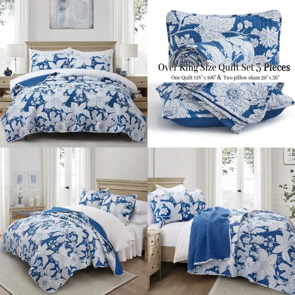

Blue Floral Reversible Lightweight Oversized Quilt Set with 2 Pillow Shams
