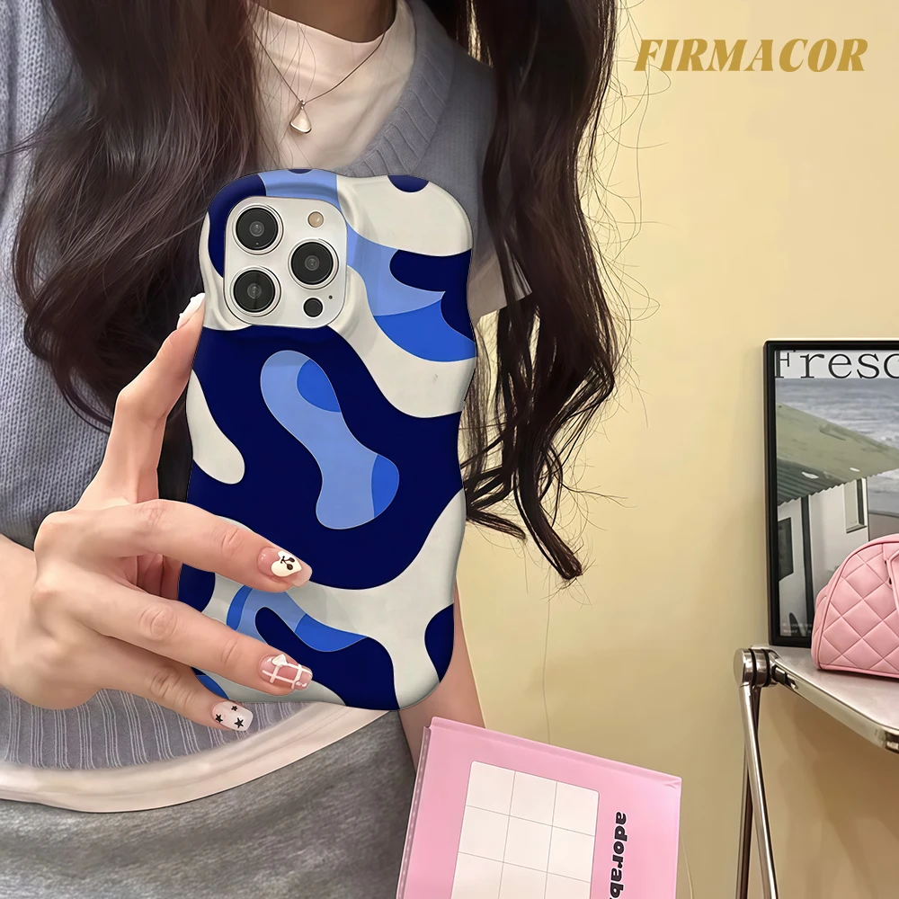 Luxury Wave Blue Curved Camouflage Double Layer Phone Case For iPhone 17 Air 16 15 14 13 12 11 Pro Max Full Protection Case