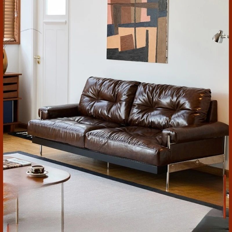

Retro oil wax leather art sofa family living room sofa Italian straight row first layer cowhide medium ancient style