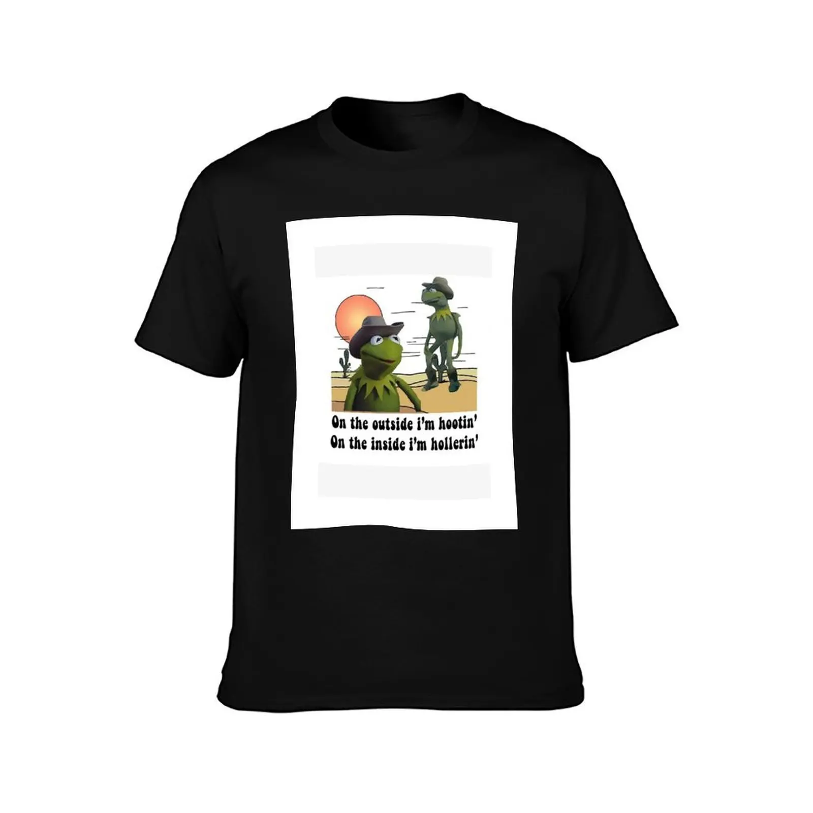 On the outside i'm hootin on the inside i'm hollerin kermit cowboy meme T-Shirt Fashion Print Casual Short Sleeve T-Shirt