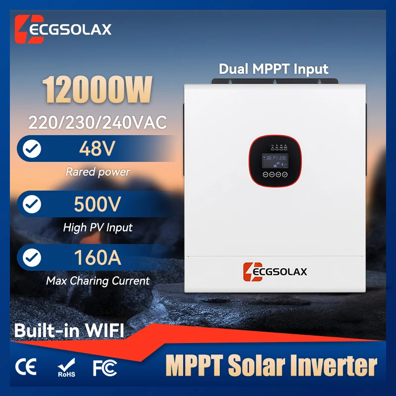 

ECGSOLAX 12KW 48V Hybrid Solar Inverter 220V 240V Dual MPPT with WiFi 160A MPPT Solar Controller Maximum PV Input 500VDC