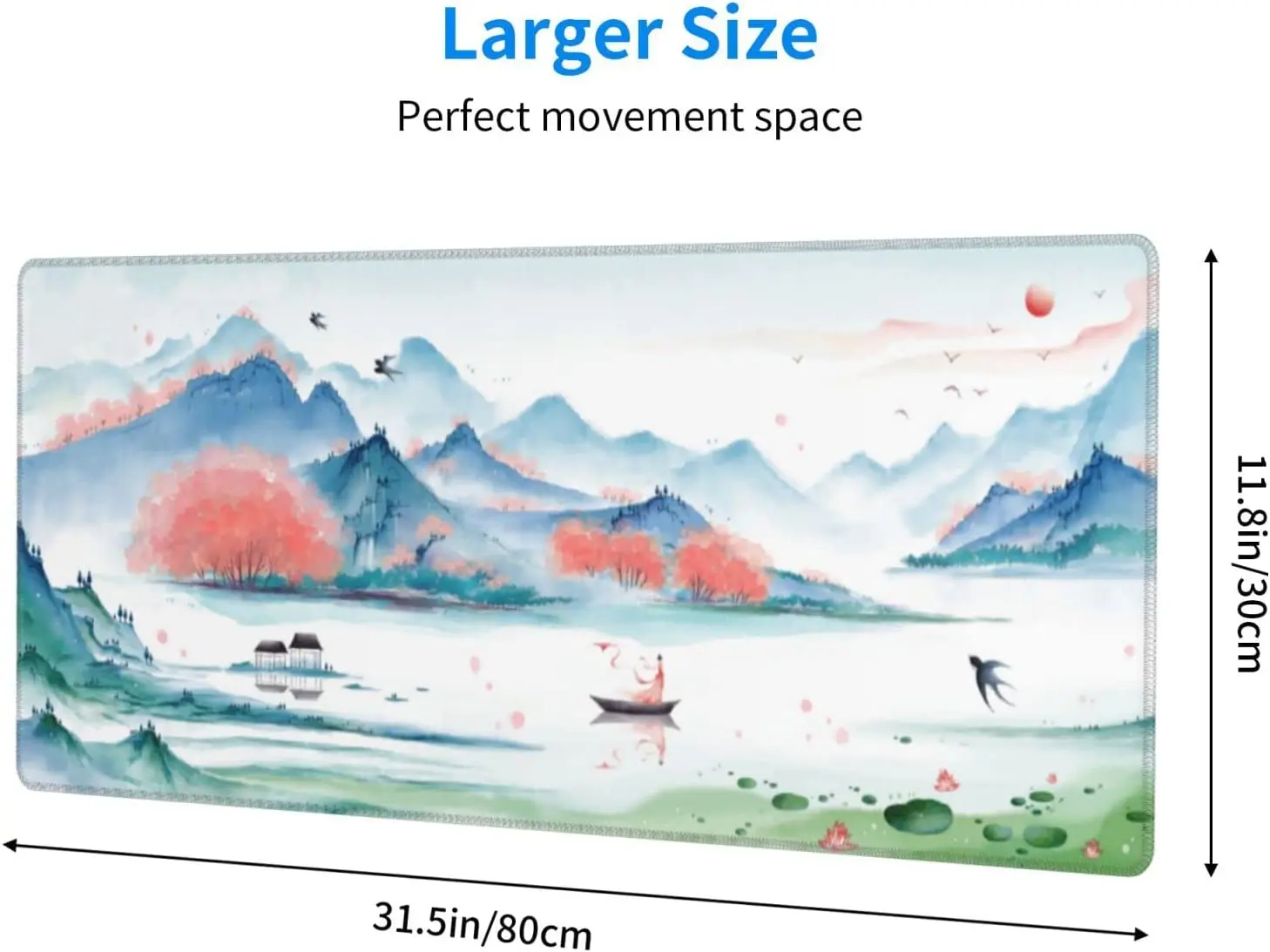 Landscape Ink Painting Gaming Mouse Pad XL Large Non Slip Rubber Mousepad Stitched Edges Desk Pad 31.5X11.8